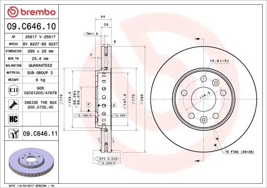 Bremsscheibe Vorderachse BREMBO 09.C646.11 Bild Bremsscheibe Vorderachse BREMBO 09.C646.11