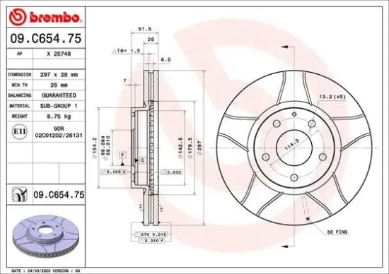 Bremsscheibe BREMBO 09.C654.75 Bild Bremsscheibe BREMBO 09.C654.75