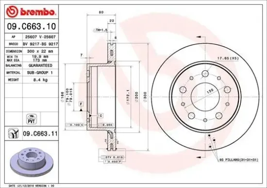 Bremsscheibe Hinterachse BREMBO 09.C663.11 Bild Bremsscheibe Hinterachse BREMBO 09.C663.11