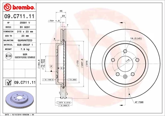 Bremsscheibe Hinterachse BREMBO 09.C711.11 Bild Bremsscheibe Hinterachse BREMBO 09.C711.11
