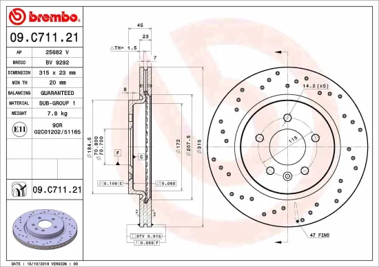 Bremsscheibe Hinterachse BREMBO 09.C711.21 Bild Bremsscheibe Hinterachse BREMBO 09.C711.21