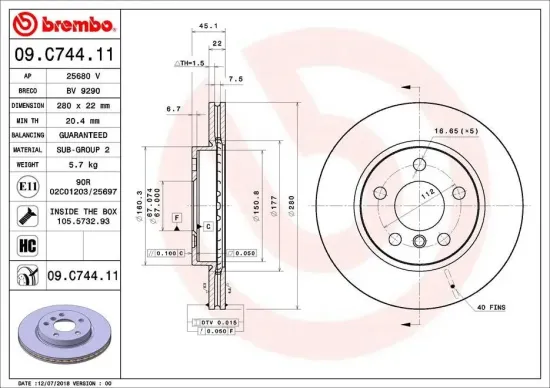 Bremsscheibe Vorderachse BREMBO 09.C744.11 Bild Bremsscheibe Vorderachse BREMBO 09.C744.11
