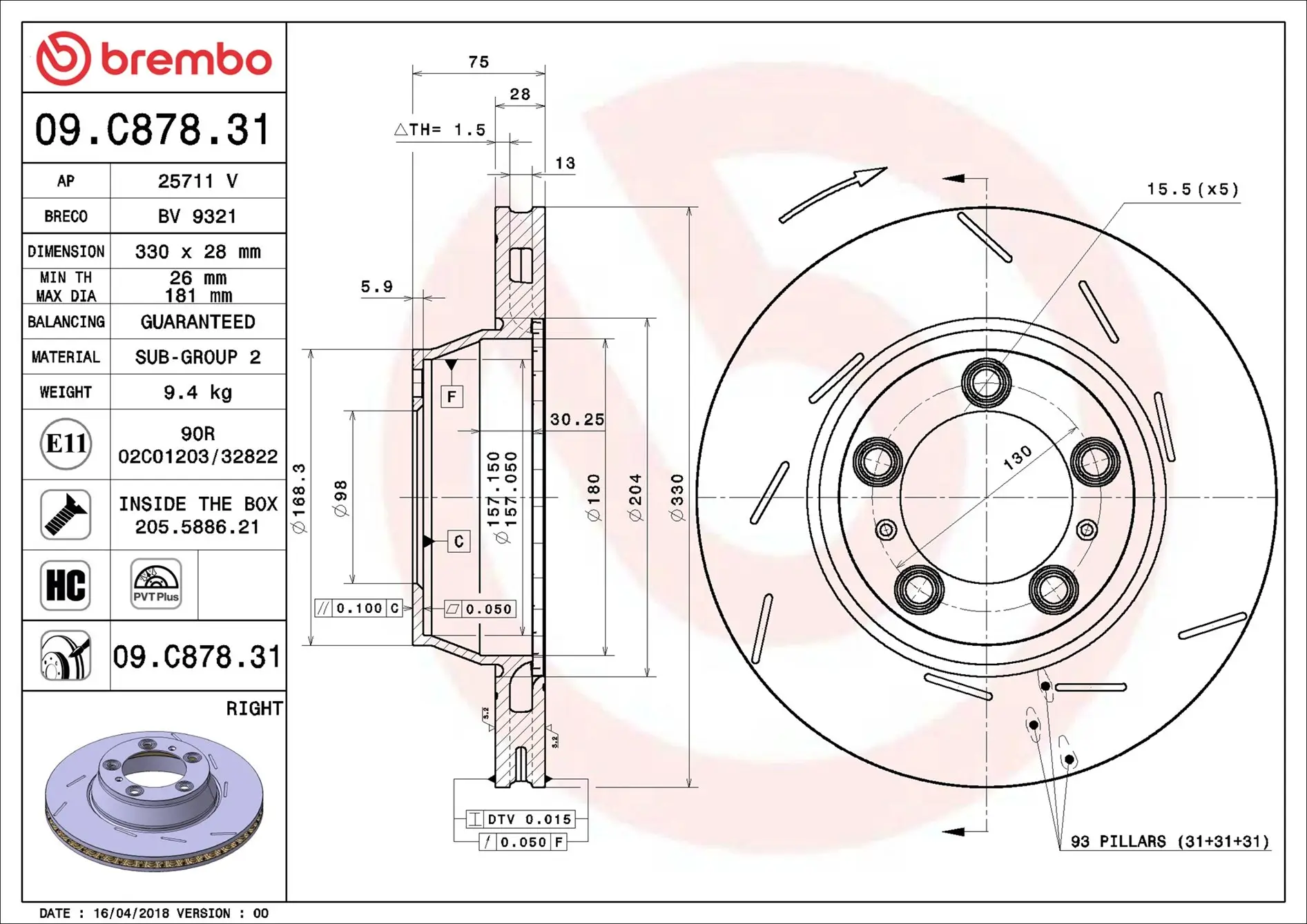 Bremsscheibe Hinterachse Hinterachse rechts BREMBO 09.C878.31