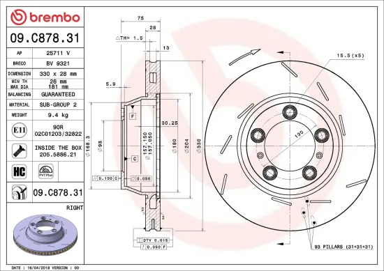 Bremsscheibe Hinterachse Hinterachse rechts BREMBO 09.C878.31 Bild Bremsscheibe Hinterachse Hinterachse rechts BREMBO 09.C878.31