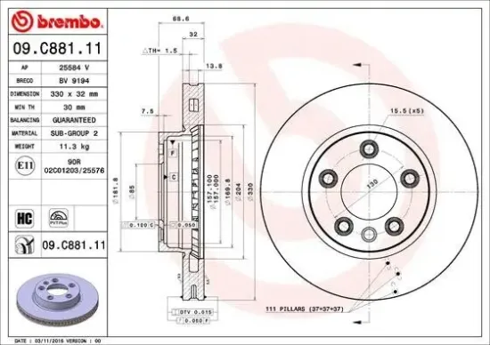 Bremsscheibe Vorderachse BREMBO 09.C881.11 Bild Bremsscheibe Vorderachse BREMBO 09.C881.11