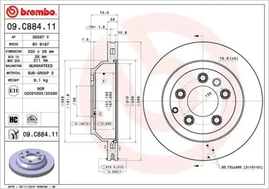 Bremsscheibe Hinterachse BREMBO 09.C884.11 Bild Bremsscheibe Hinterachse BREMBO 09.C884.11