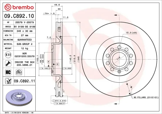 Bremsscheibe BREMBO 09.C892.11 Bild Bremsscheibe BREMBO 09.C892.11