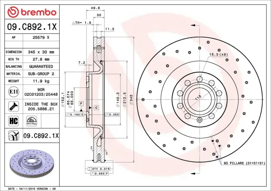 Bremsscheibe BREMBO 09.C892.1X Bild Bremsscheibe BREMBO 09.C892.1X