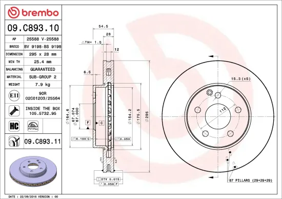 Bremsscheibe Vorderachse BREMBO 09.C893.11 Bild Bremsscheibe Vorderachse BREMBO 09.C893.11