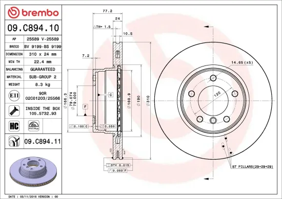 Bremsscheibe Vorderachse BREMBO 09.C894.11 Bild Bremsscheibe Vorderachse BREMBO 09.C894.11