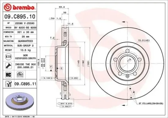 Bremsscheibe Vorderachse BREMBO 09.C895.11 Bild Bremsscheibe Vorderachse BREMBO 09.C895.11
