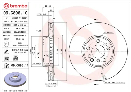Bremsscheibe Vorderachse BREMBO 09.C896.11 Bild Bremsscheibe Vorderachse BREMBO 09.C896.11