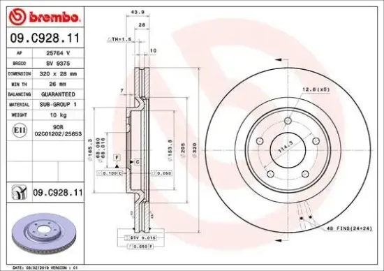 Bremsscheibe Vorderachse BREMBO 09.C928.11 Bild Bremsscheibe Vorderachse BREMBO 09.C928.11