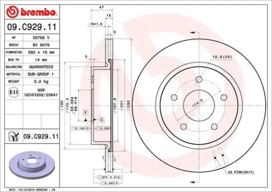 Bremsscheibe Hinterachse BREMBO 09.C929.11 Bild Bremsscheibe Hinterachse BREMBO 09.C929.11