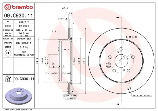 Bremsscheibe Hinterachse BREMBO 09.C930.11 Bild Bremsscheibe Hinterachse BREMBO 09.C930.11