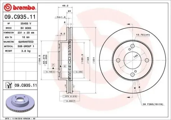 Bremsscheibe Vorderachse BREMBO 09.C935.11 Bild Bremsscheibe Vorderachse BREMBO 09.C935.11