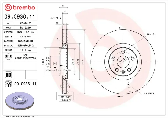 Bremsscheibe Vorderachse BREMBO 09.C936.11 Bild Bremsscheibe Vorderachse BREMBO 09.C936.11