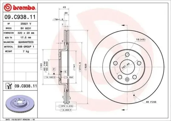 Bremsscheibe Hinterachse BREMBO 09.C938.11 Bild Bremsscheibe Hinterachse BREMBO 09.C938.11