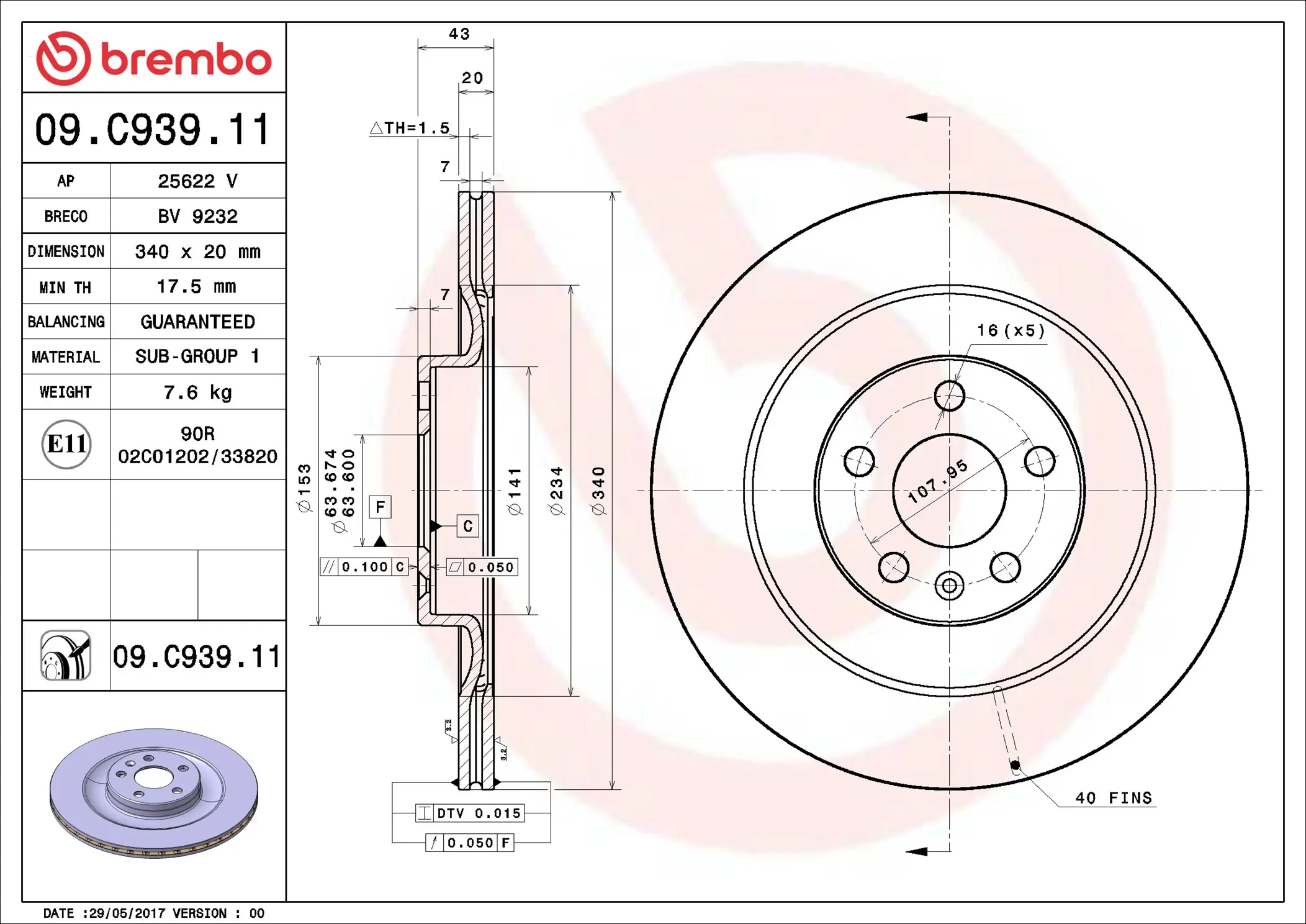 Bremsscheibe Hinterachse BREMBO 09.C939.11