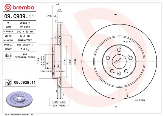 Bremsscheibe Hinterachse BREMBO 09.C939.11 Bild Bremsscheibe Hinterachse BREMBO 09.C939.11