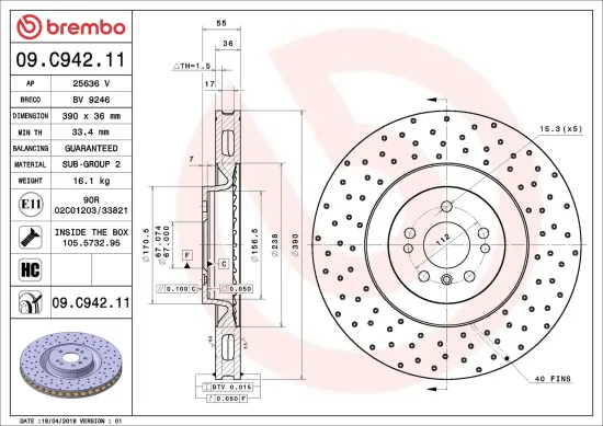 Bremsscheibe Vorderachse BREMBO 09.C942.11 Bild Bremsscheibe Vorderachse BREMBO 09.C942.11