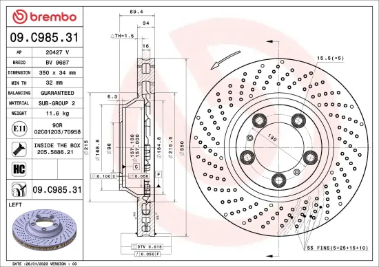 Bremsscheibe Vorderachse Vorderachse links BREMBO 09.C985.31 Bild Bremsscheibe Vorderachse Vorderachse links BREMBO 09.C985.31