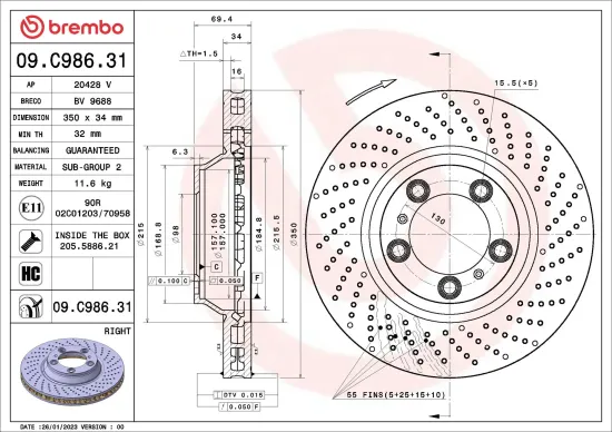 Bremsscheibe Vorderachse Vorderachse rechts BREMBO 09.C986.31 Bild Bremsscheibe Vorderachse Vorderachse rechts BREMBO 09.C986.31