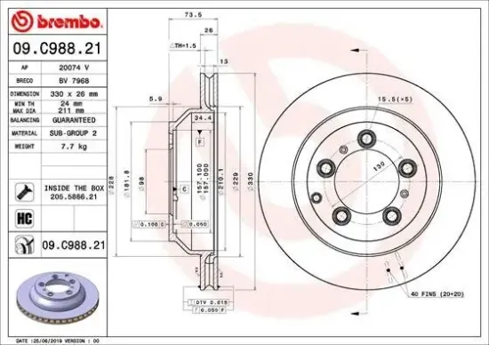Bremsscheibe Hinterachse BREMBO 09.C988.21 Bild Bremsscheibe Hinterachse BREMBO 09.C988.21