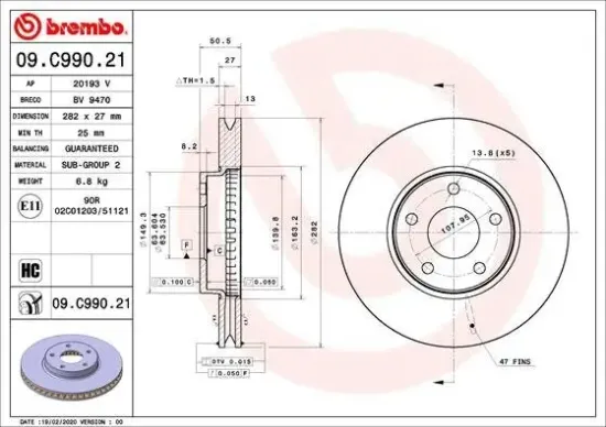 Bremsscheibe Vorderachse BREMBO 09.C990.21 Bild Bremsscheibe Vorderachse BREMBO 09.C990.21