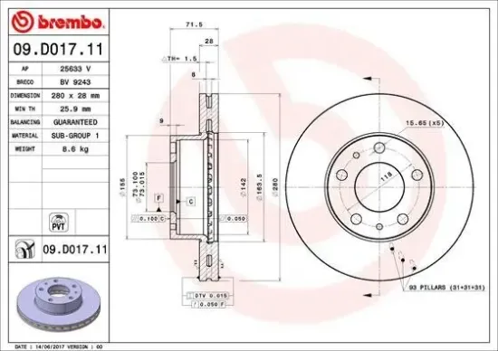 Bremsscheibe BREMBO 09.D017.11 Bild Bremsscheibe BREMBO 09.D017.11