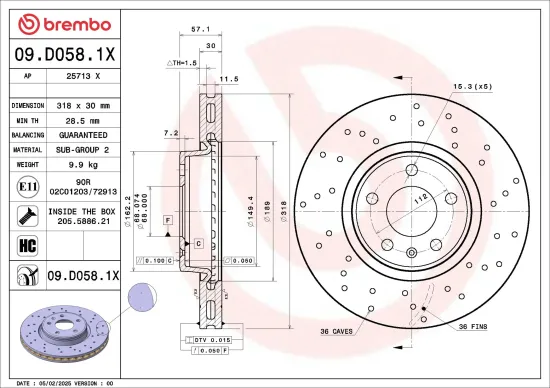 Bremsscheibe Vorderachse BREMBO 09.D058.1X Bild Bremsscheibe Vorderachse BREMBO 09.D058.1X