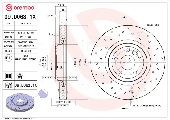 Bremsscheibe Vorderachse BREMBO 09.D063.1X Bild Bremsscheibe Vorderachse BREMBO 09.D063.1X