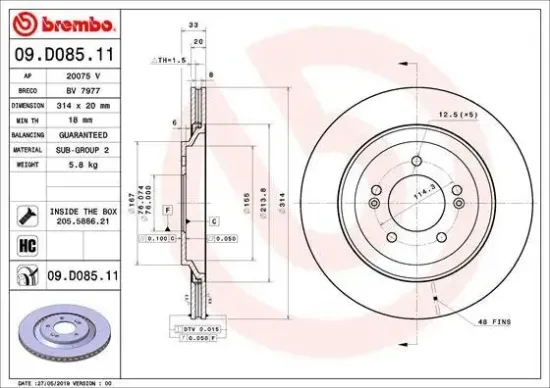 Bremsscheibe Hinterachse BREMBO 09.D085.11 Bild Bremsscheibe Hinterachse BREMBO 09.D085.11