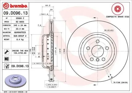 Bremsscheibe Hinterachse BREMBO 09.D096.13 Bild Bremsscheibe Hinterachse BREMBO 09.D096.13