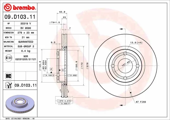 Bremsscheibe Vorderachse BREMBO 09.D103.11 Bild Bremsscheibe Vorderachse BREMBO 09.D103.11