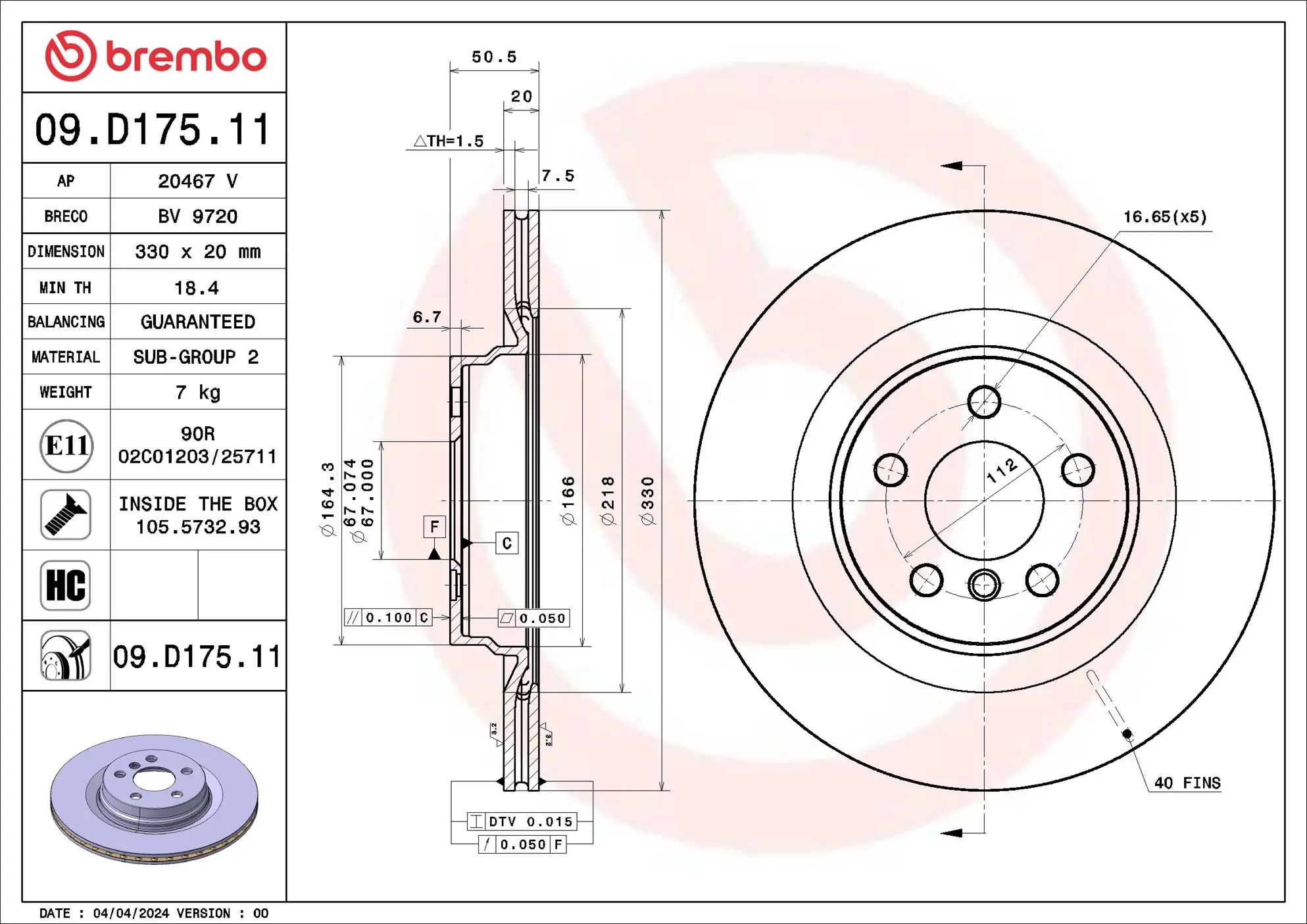 Bremsscheibe Hinterachse BREMBO 09.D175.11