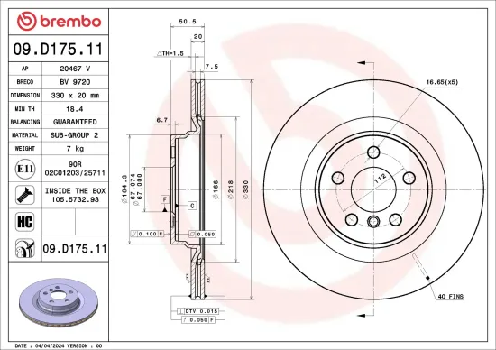 Bremsscheibe Hinterachse BREMBO 09.D175.11 Bild Bremsscheibe Hinterachse BREMBO 09.D175.11