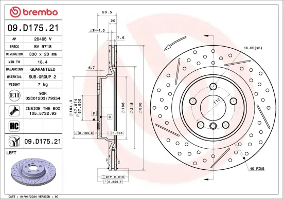 Bremsscheibe Hinterachse Hinterachse links BREMBO 09.D175.21 Bild Bremsscheibe Hinterachse Hinterachse links BREMBO 09.D175.21