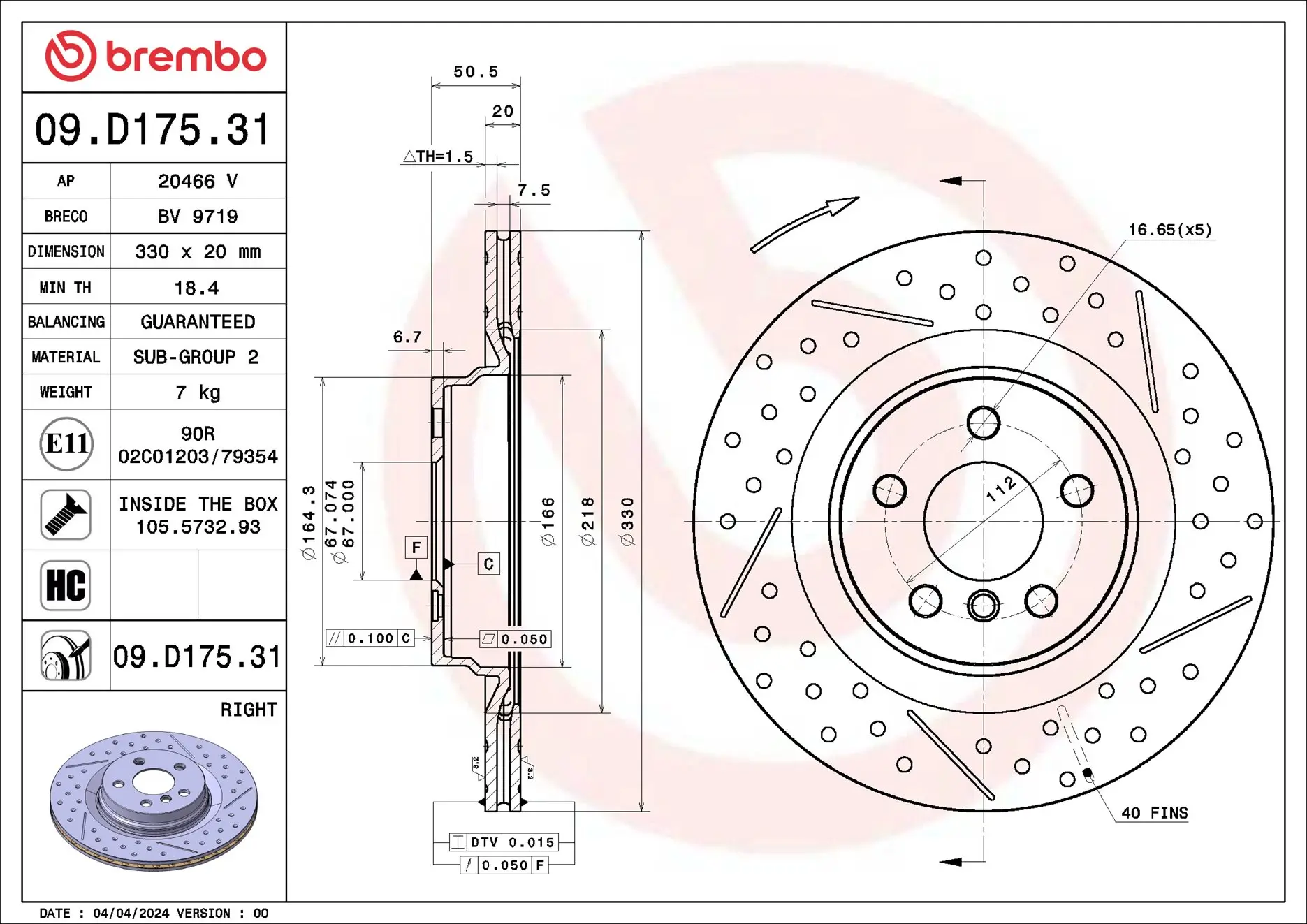Bremsscheibe Hinterachse Hinterachse rechts BREMBO 09.D175.31