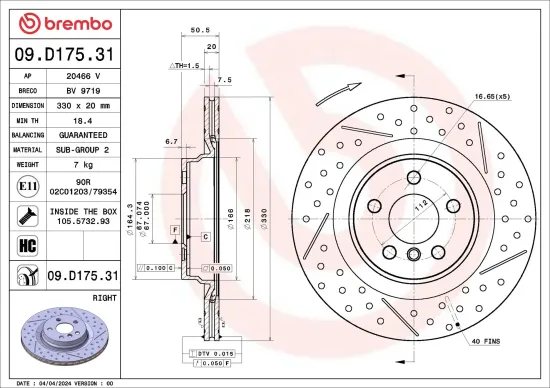 Bremsscheibe Hinterachse Hinterachse rechts BREMBO 09.D175.31 Bild Bremsscheibe Hinterachse Hinterachse rechts BREMBO 09.D175.31