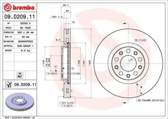 Bremsscheibe Vorderachse BREMBO 09.D209.11 Bild Bremsscheibe Vorderachse BREMBO 09.D209.11