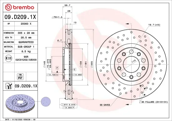 Bremsscheibe Vorderachse BREMBO 09.D209.1X Bild Bremsscheibe Vorderachse BREMBO 09.D209.1X