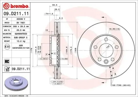 Bremsscheibe Vorderachse BREMBO 09.D211.11 Bild Bremsscheibe Vorderachse BREMBO 09.D211.11