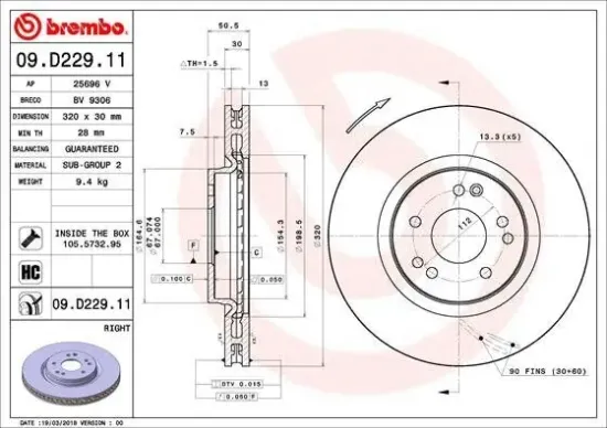 Bremsscheibe Vorderachse Vorderachse rechts BREMBO 09.D229.11 Bild Bremsscheibe Vorderachse Vorderachse rechts BREMBO 09.D229.11