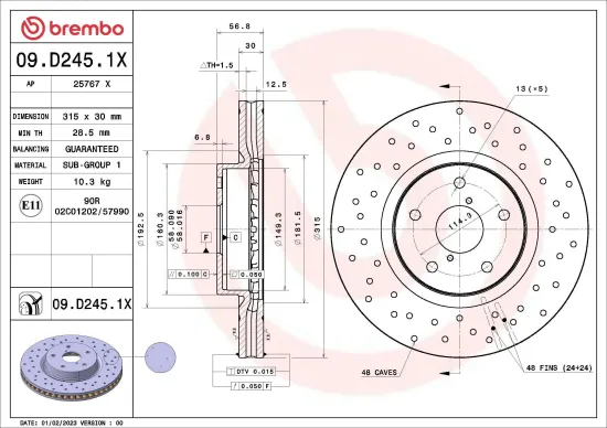 Bremsscheibe Vorderachse BREMBO 09.D245.1X Bild Bremsscheibe Vorderachse BREMBO 09.D245.1X