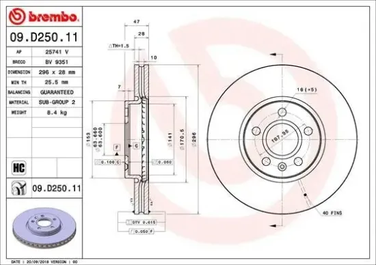 Bremsscheibe Vorderachse BREMBO 09.D250.11 Bild Bremsscheibe Vorderachse BREMBO 09.D250.11