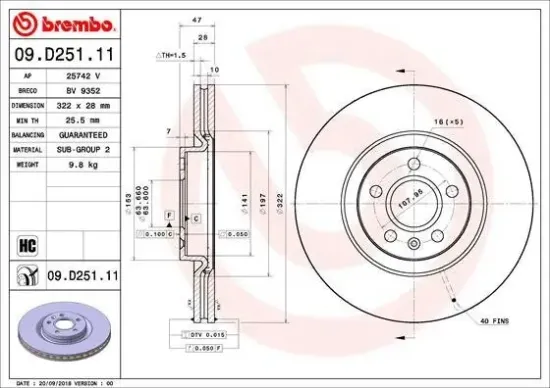 Bremsscheibe Vorderachse BREMBO 09.D251.11 Bild Bremsscheibe Vorderachse BREMBO 09.D251.11