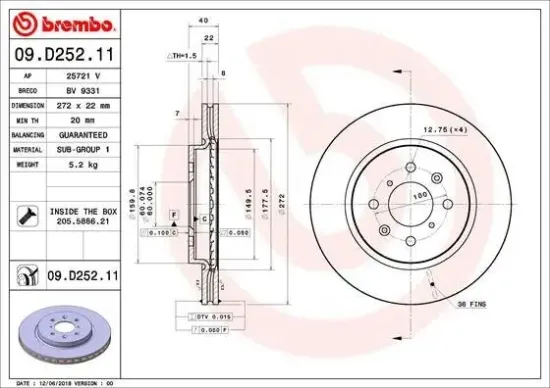 Bremsscheibe Vorderachse BREMBO 09.D252.11 Bild Bremsscheibe Vorderachse BREMBO 09.D252.11
