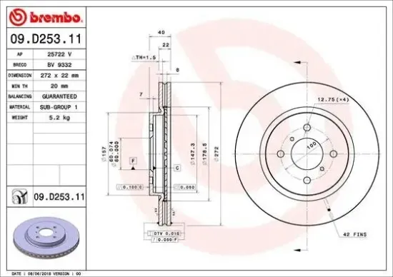 Bremsscheibe Vorderachse BREMBO 09.D253.11 Bild Bremsscheibe Vorderachse BREMBO 09.D253.11