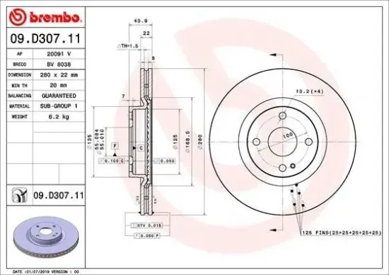 Bremsscheibe BREMBO 09.D307.11 Bild Bremsscheibe BREMBO 09.D307.11